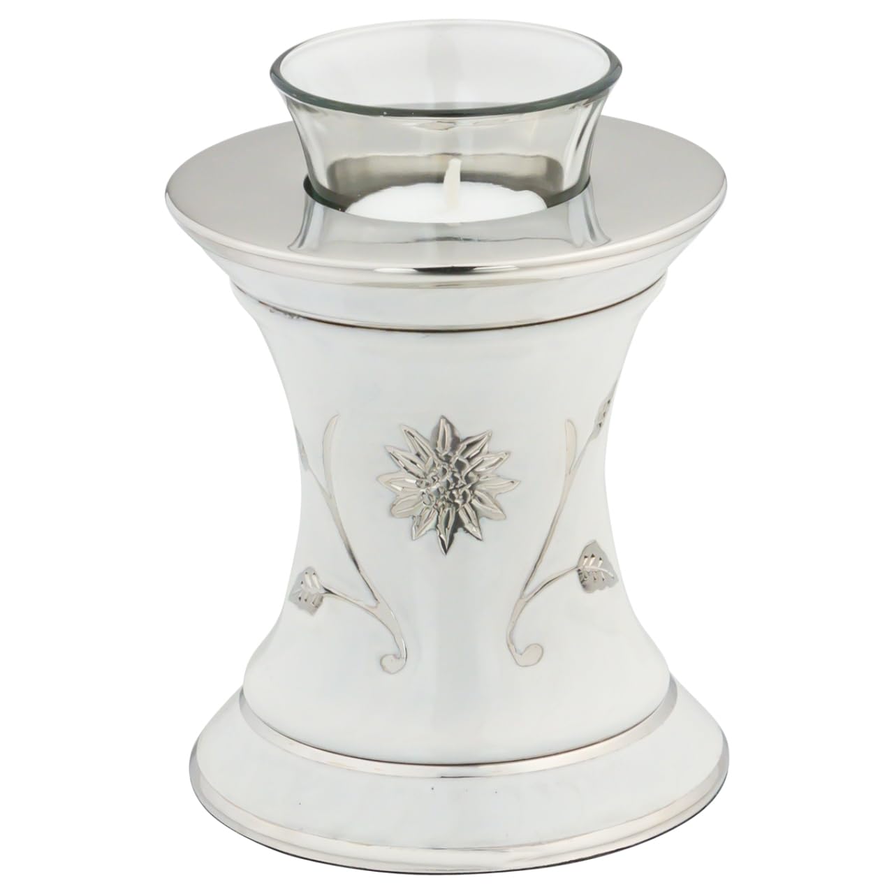 Grace White Tealight Cremation Urn for Ashes, Brass Memorial Candle, White and Silver, Extra Small Sized Cremation Urn, 5.5 Inches High