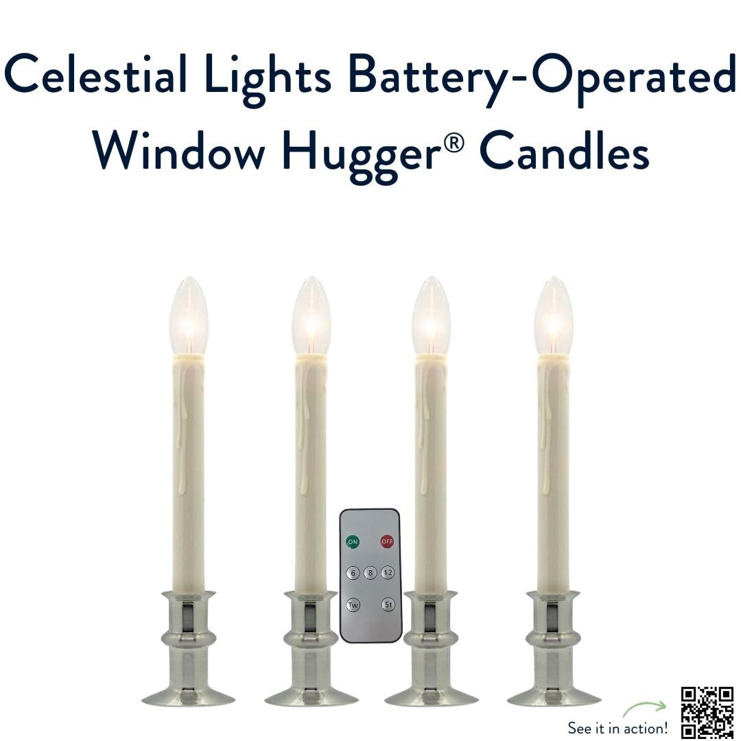 Celestial Lights Set of Four Battery Operated Remote Programmable Window Hugger Candle for Narrow Window Sills Daily Timer Choose 6, 8, or 10 Hours Flicker or Steady (Brushed Nickel)