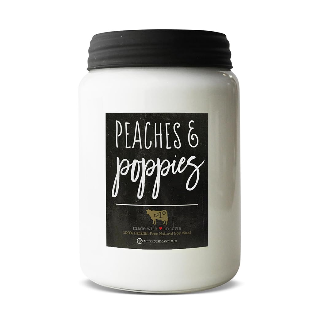 Milkhouse Candle Company Peaches & Poppies Soy Candle - Ripe Peaches | Wild Poppies | Vanilla Bean Scented - 26 oz Farmhouse Jar with Lid, 150+ Hour Burn Time, Made in the USA