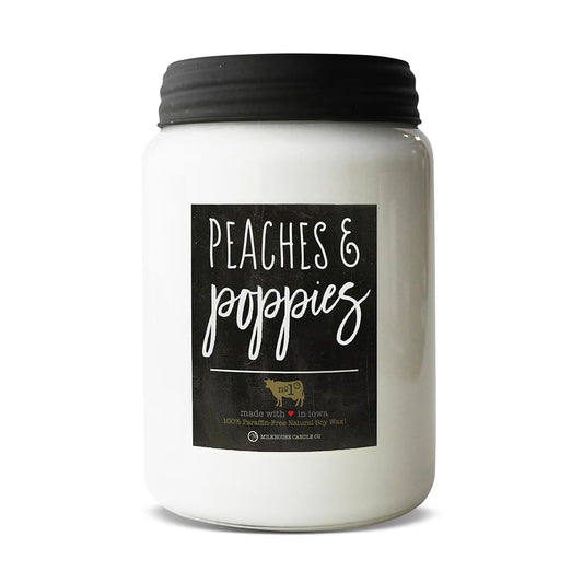 Milkhouse Candle Company Peaches & Poppies Soy Candle - Ripe Peaches | Wild Poppies | Vanilla Bean Scented - 26 oz Farmhouse Jar with Lid, 150+ Hour Burn Time, Made in the USA