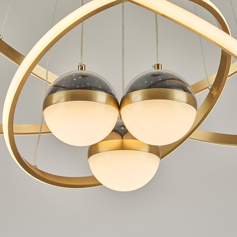 LOVEDIMA Modern Gold 3-Light LED Chandelier with Remote Control, Starry Sky Projection,3 Color Temperatures,Dimmable Globe Ceiling Light for Bedroom,Dining Room, Living Room
