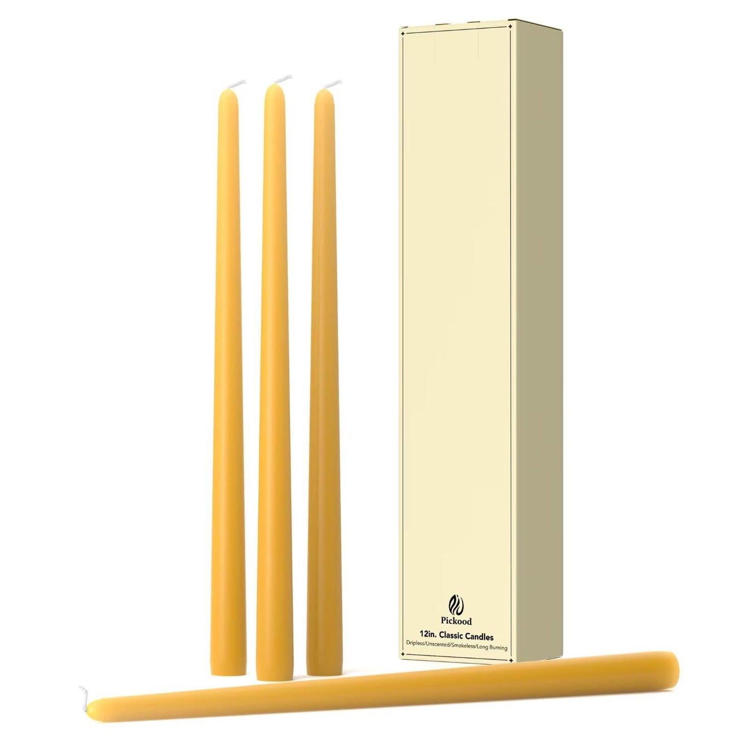 Pickood 12-Inch Tall Dripless Taper Candles Set of 4 - Mustard Yellow Tapered Candles, Perfect for Spring - Smokeless, Unscented, Long Burning - Hand Poured, Colored Tall Candlesticks - Mustard