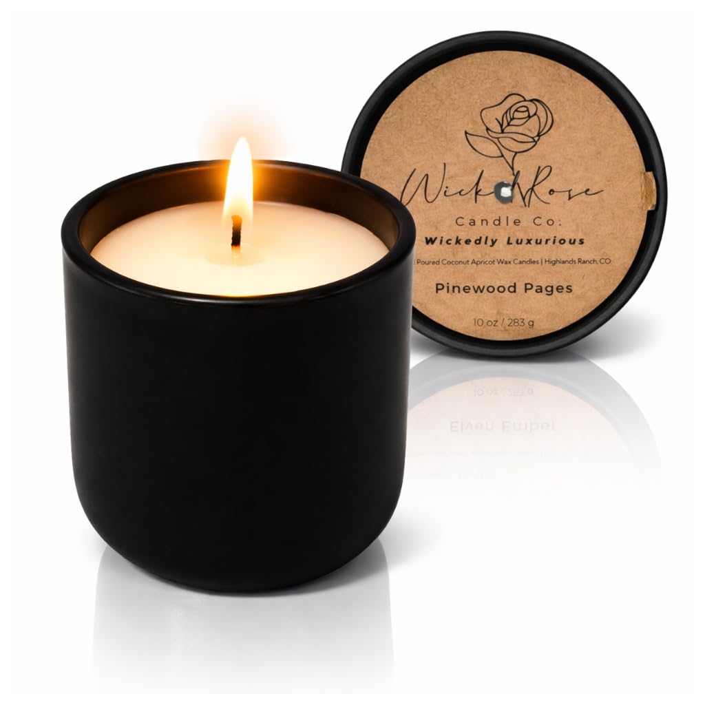 Wicked Rose Candle Co. Pinewood Pages Scented Candle | Teakwood, Lavender, & Eucalyptus | 10 oz Hand-Poured Coconut Apricot Wax | 45+ Hour Clean Burn | Book Lover Gift
