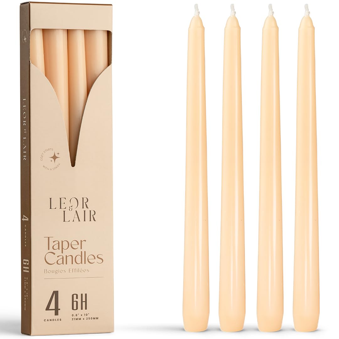 Leor & Lair Beige Taper Candles - 4 Pack 10" Beige Candlesticks - Unscented Long Burning Tapered Candles for Minimalist Decoration, Modern Weddings, Everyday Dining & Events