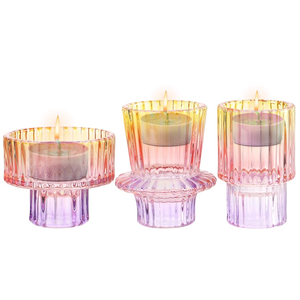 Set of 3 Colorful Glass Candlestick Holders for Taper, Tealight, and Pillar Candles – Perfect for Weddings, Parties, and Festivals