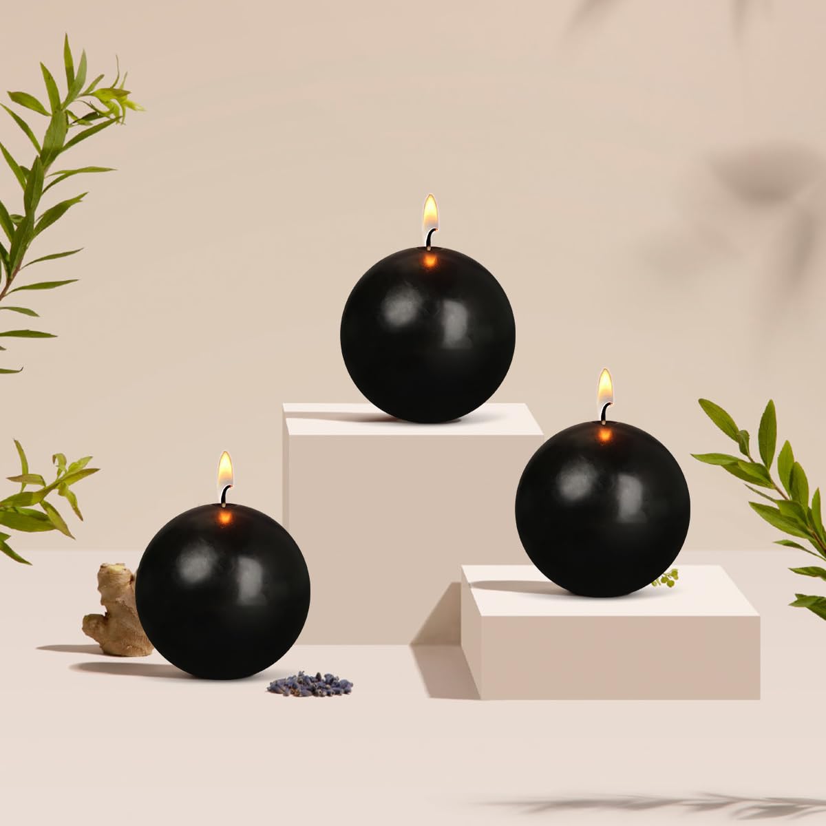 Ball Pillar Candles Set of 3 Black 3Inch Unscented Handpoured Weddings, Home Decoration, 75 Hour