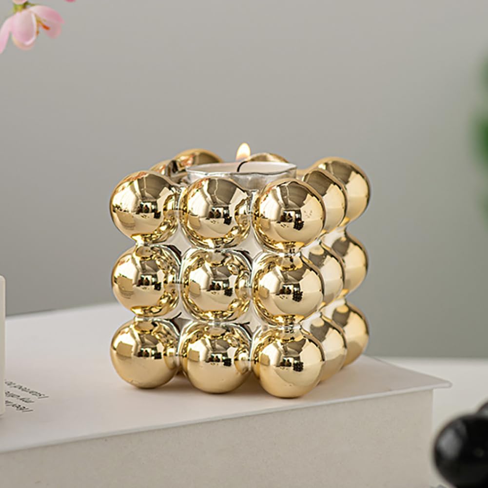 Ceramic Cube Golden Candle Holder Handheld Candlestick Holders Decorative Candle Stand Middle East Arabian Festival Candlestick Dining Table Party Home Decoration Ornament (Gold)