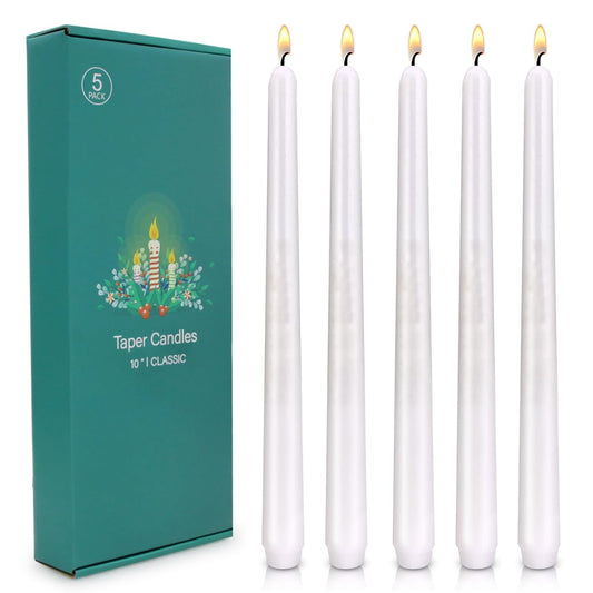 10 inch Cone-Shaped Candle Set of 5- Drip Free Dinner Candle - Long Burning, Perfect for Dinner, Parties, or Weddings (White)