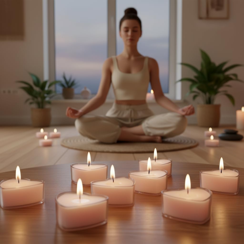Pink Heart Tea Lights Set of 24, Handmade Tealight Candles with Gardenia Scent, Long Burning Tea Candles, Tealights for Wedding Meditation Home Spa Decor Gift