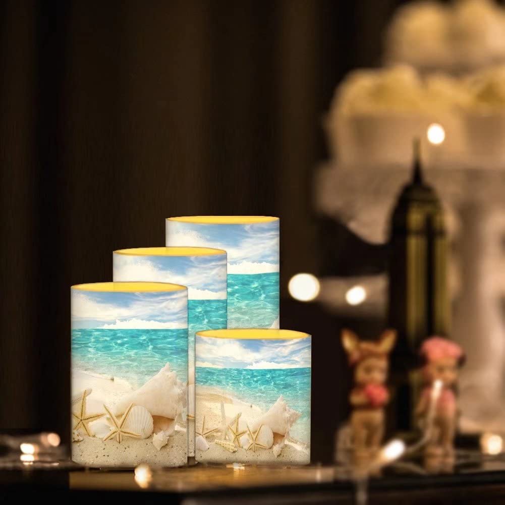 NETILGEN Beach Starfish Seashell Flameless Light Candles Battery Powered with Timer Remote Color Chaging Pillar Candle with Warm Yellow Color Changing Light Pack of 4