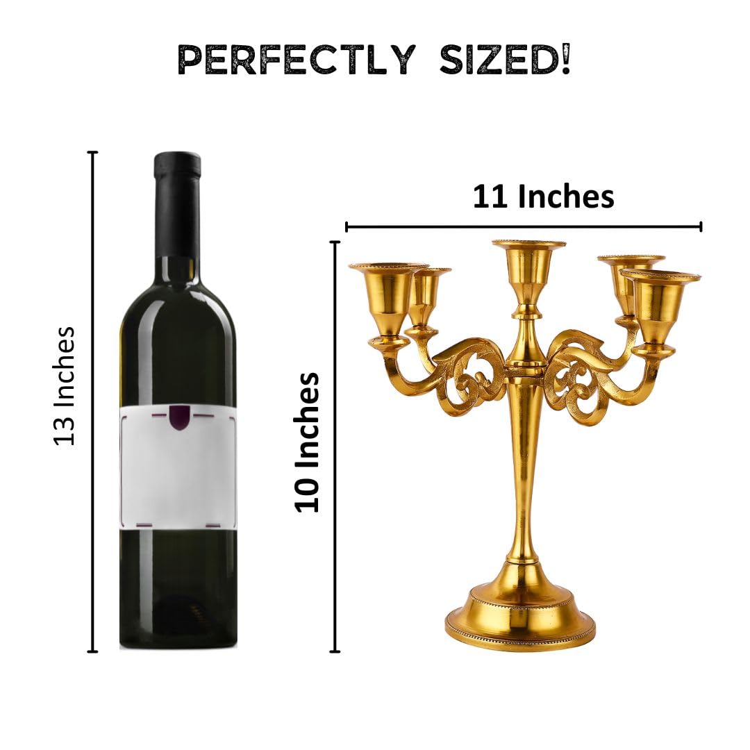 Rely+ 5 Arm Candelabra Taper Candle Holders Decorations Indoor Kitchen Décor Table Candles Candlestick Candelabra Centerpiece (Gold)