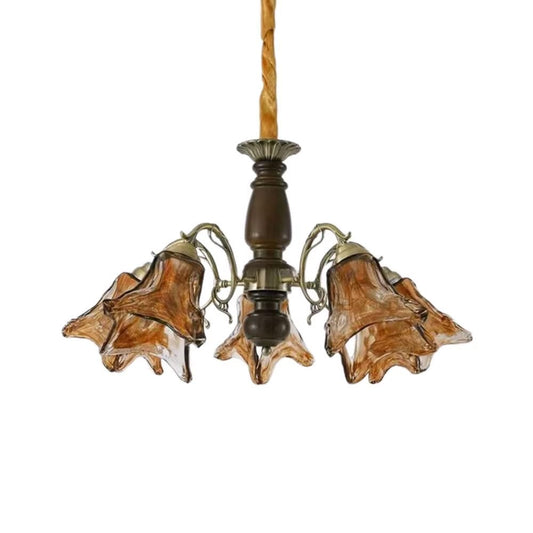TTBDDDYH 5-Lights E27 French Vintage-Style Living Room Pendant Light Retro American Dining Room and Master Bedroom Ambiance, Handcrafted Frosted Glass Chandelier