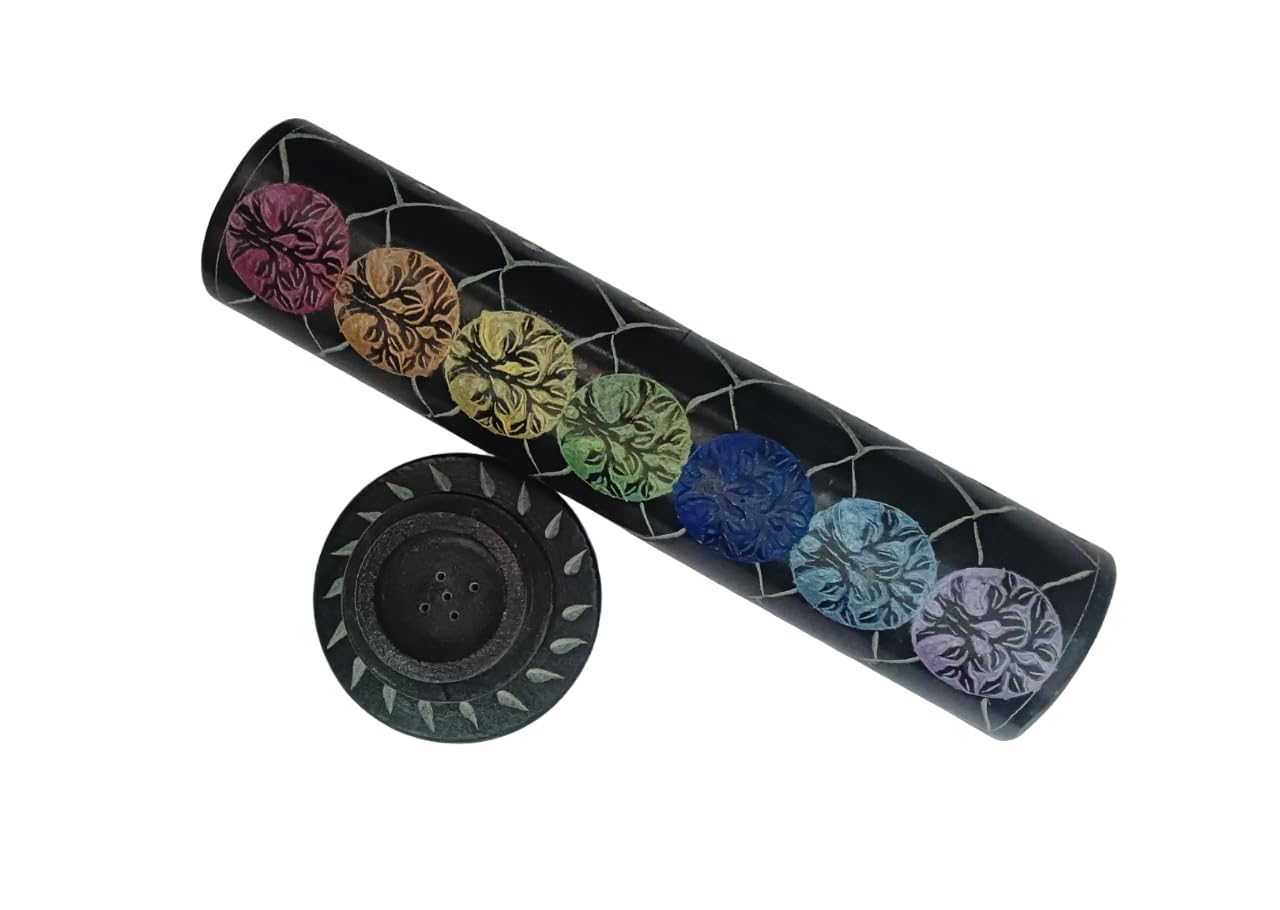 Ajuny Marble Incense Stick Tower Burner Tree of Life Carving Round Tealight Candle Stand Black Incense Stick Holder with Ash Catcher for Yoga Meditation Fragrance Home and Office Décor (10.5 Inch)