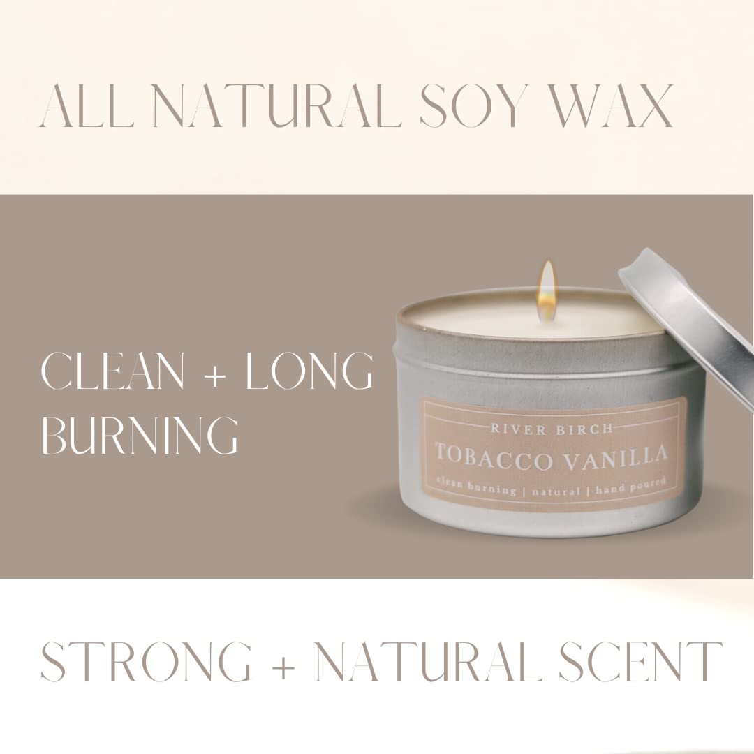 River Birch Candles Tobacco Vanilla Scented Candle | Premium, All-Natural, Non-Toxic, Soy Candles | 8 oz. Silver Tin Travel Candle | Cozy Relaxing Gifts for Home