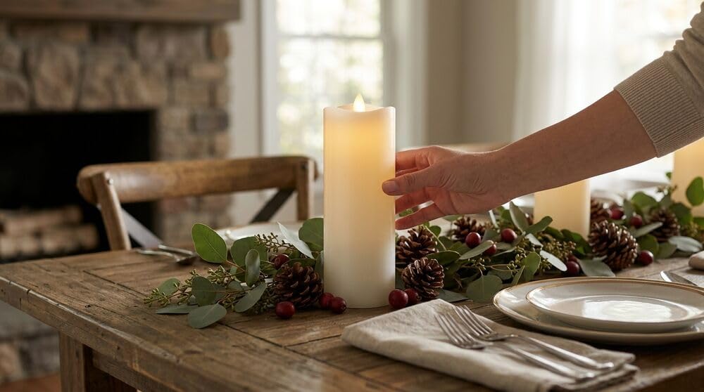 Mikasa LED Wax Pillar Candle, 3 x 8 Inch White Flameless Candle with Dancing Flame Effect, 5-Hour Timer, Battery Operated Real Wax Pillar for Home Decor and Table Decor