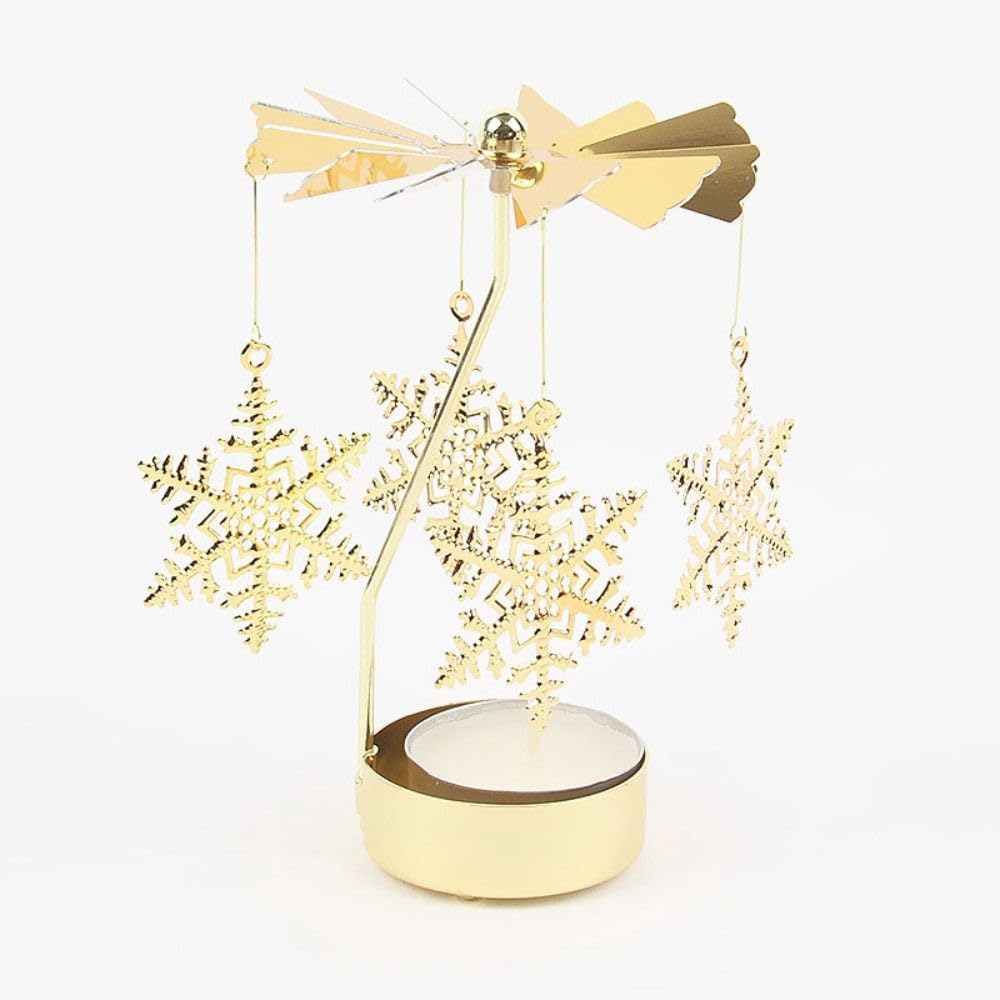 Rotating Candle Holder, Romantic Metal Tealight Candlestick Spinner Carousel Candle Tea Light Holder for Christmas Home Decor(Snowflake,Gold)