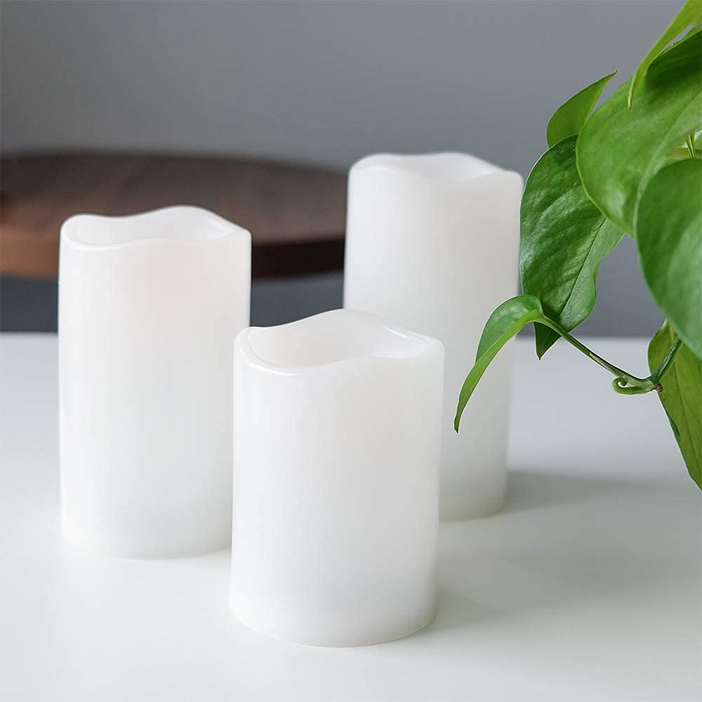 Eldnacele Waterproof Flameless Flickering Candles Weatherproof Battery Operated LED Candle with Remote and Timer White Plastic Pillar Candles Pack of 3 for Indoor Outdoor Lanterns D3”x H4” 5” 6”
