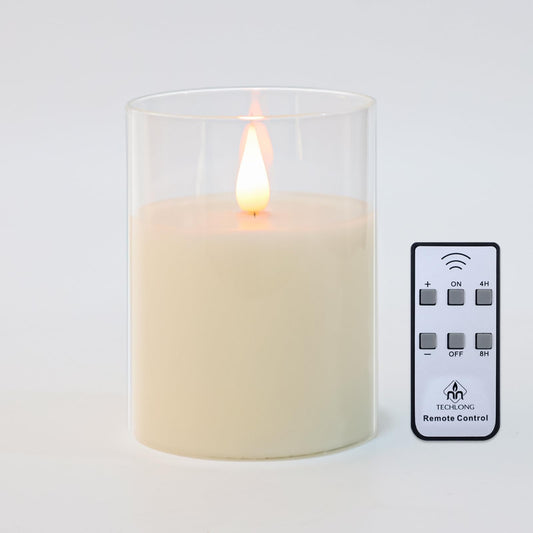 TECHLONG Glass Flameless Candles with Remote Timer, 3D Moving Flame Flickering, Last 600+ Hours Battery Candles, Real Wax LED Votive Candle for Festival Wedding Home Party Decor, 3" x 4"