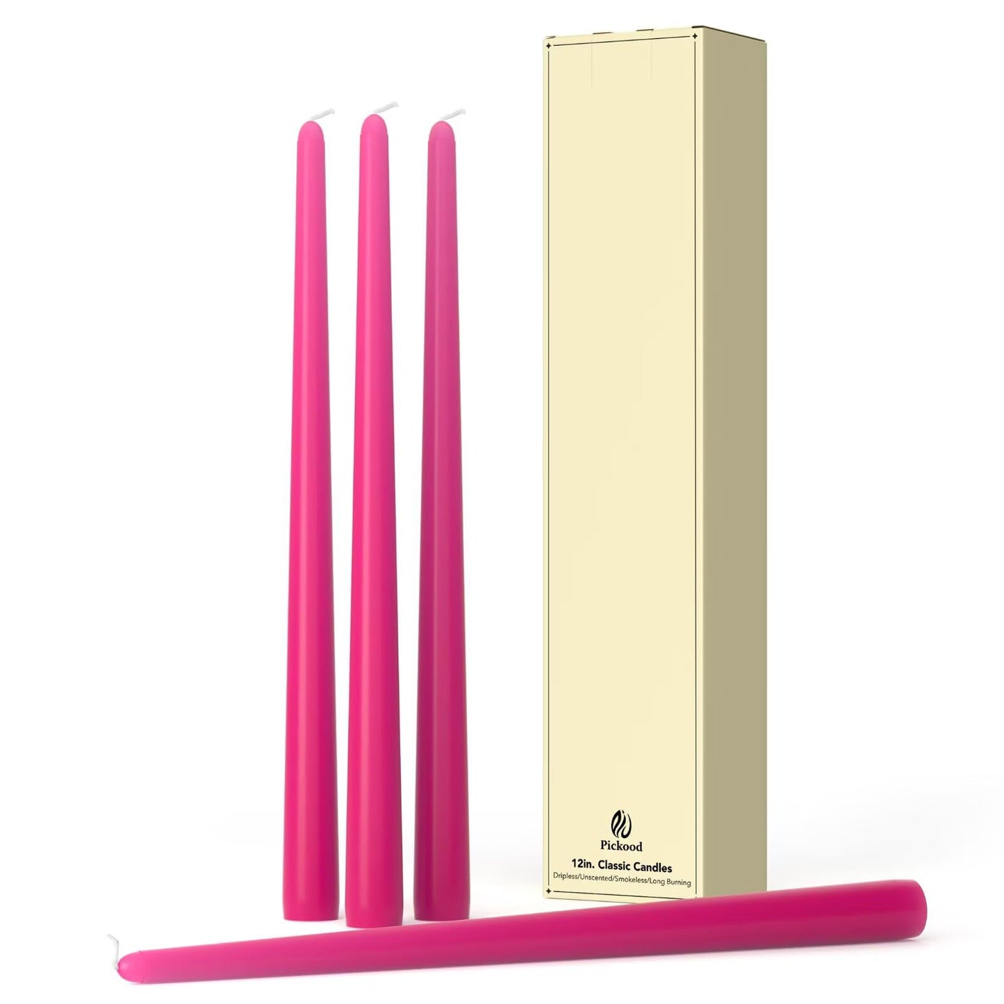 Pickood 12-Inch Tall Dripless Taper Candles Set of 4 - Hot Pink Tapered Candles, Perfect for Spring - Smokeless, Unscented, Long Burning - Hand Poured, Colored Tall Candlesticks - neon Pink