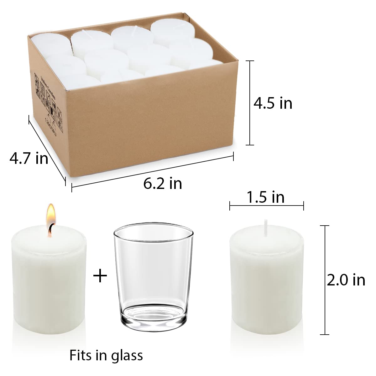 12 Hours Votive Candles, 24 Packs Unscented White 2.0 inch Wax Candles for Wedding, Party, Holiday & Home Decor, 1.5" W x 2.0" H