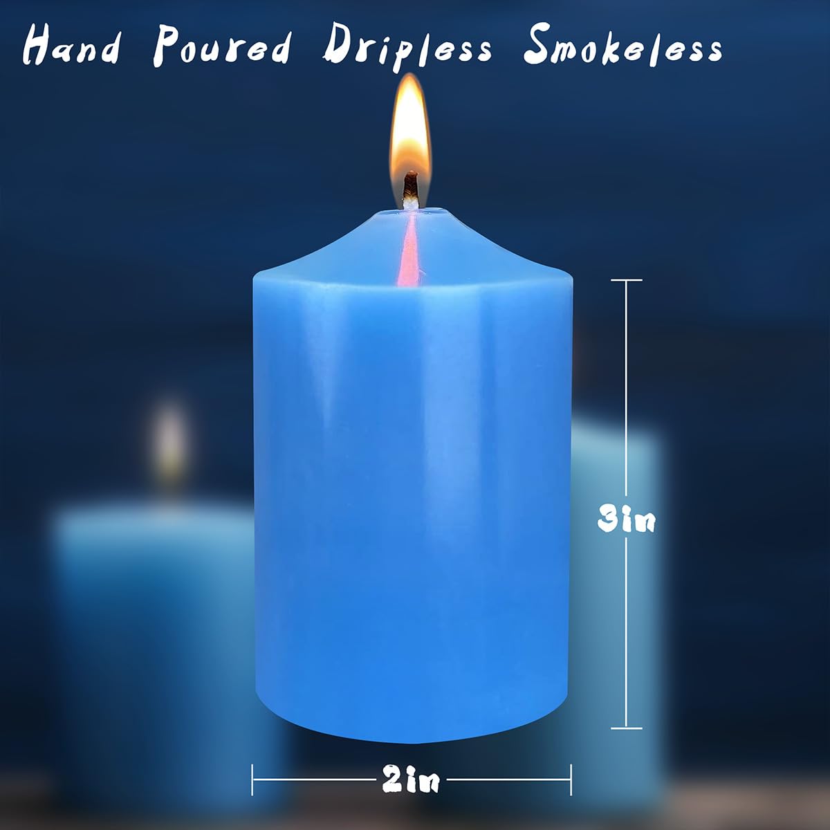 12 Pack 2x3 Inch Blue Pillar Candles, Unscented Column Candles for Home Restaurants Spa Church Weddings, Smokeless Dripless and Clean Burning Emergency Candle