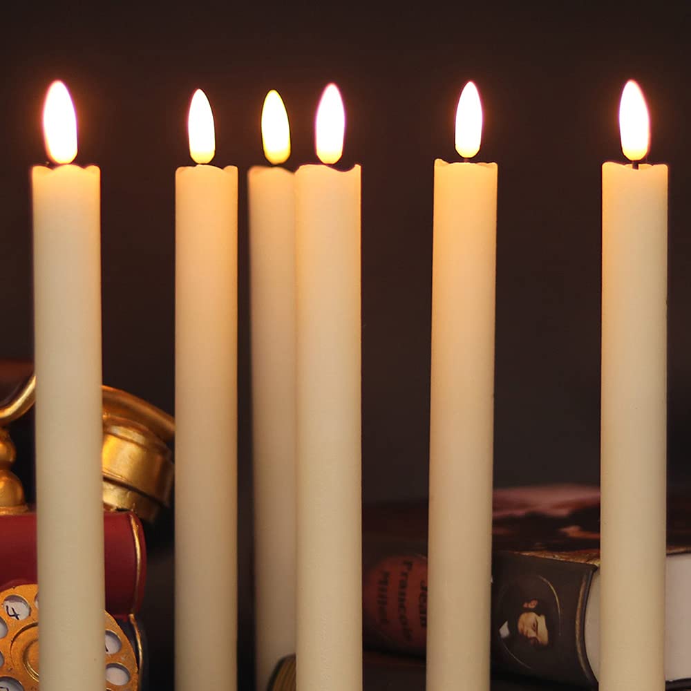 Wondise Flickering Taper Candles with Timer and Remote, 9 Inch Battery Operated 3D Wick Real Wax Ivory Candles for Wedding Party Christmas Decoration, Set of 6(D0.8 x H9.6 Inch)