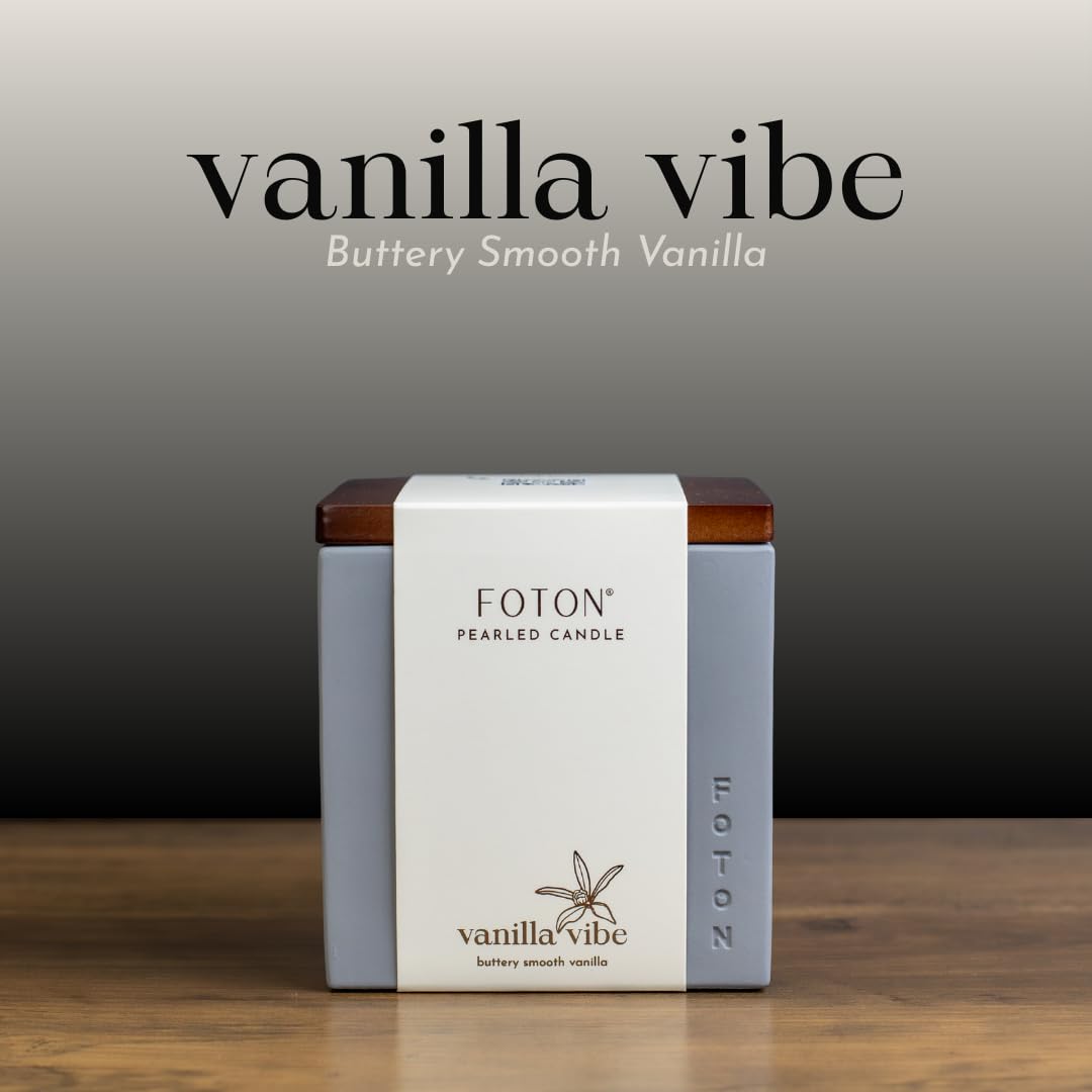 Foton Pearled Candle Le Cube Concrete Vase Set 16 Oz - Vanilla Vibe Scented - Refillable Jar Scented Candle Sand with 15 Wicks - Natural Non-Toxic Decorative Candles for Home