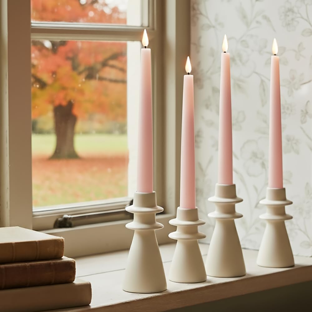 LampLust Flameless Taper Candles with Remote, 9 Inch, 4 Pack Pastel Pink Candlesticks, LED Flickering Flameless Candles for Baby Shower Gender Reveal, Summer Table Decor & Party Decorations