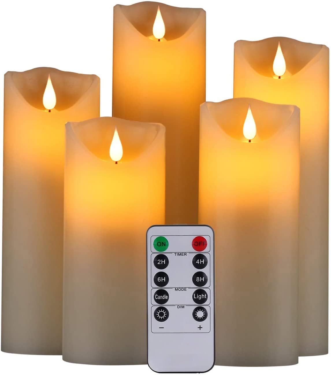 Biyanuo Flameless Battery Operated LED Candles 3D Wick with10key Button Remote Control 24-Hour Timer Set of 5 Electric Flickering Pillar Real Wax，Wedding, Party, Home Decoration