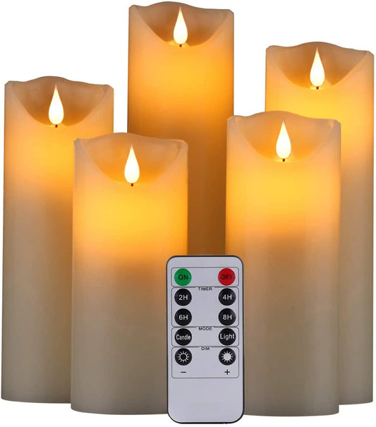 Biyanuo Flameless Battery Operated LED Candles 3D Wick with10key Button Remote Control 24-Hour Timer Set of 5 Electric Flickering Pillar Real Wax，Wedding, Party, Home Decoration