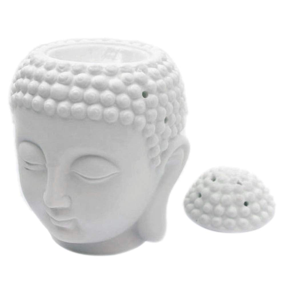 Tvoip 1PCS Ceramic Buddha Head Essential Oil Burner with Candle Spoon, Aromatherapy Wax Melt Burners Oil Diffuser Tealight Candle Holders Buddha Ornament for Yoga Spa Home Bedroom Decor Gift (White)