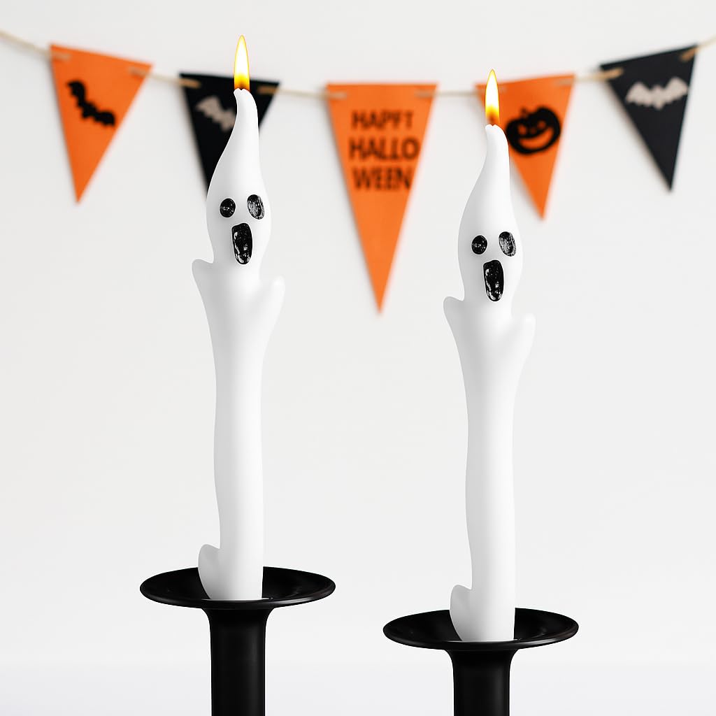 Halloween Ghost Candles Set, Cute Spooky White Taper Candles with Ghost Face for Halloween Decorations, Haunted House, Party Table Centerpiece, Gothic Home Decor, Trick or Treat Supplies (2PCS)