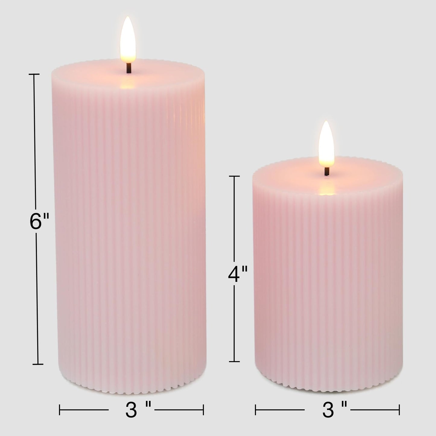 Girimax Pink Ribbed Flameless Pillar Candles with Remote, Flickering LED Wax Candles Battery Operated Set of 2