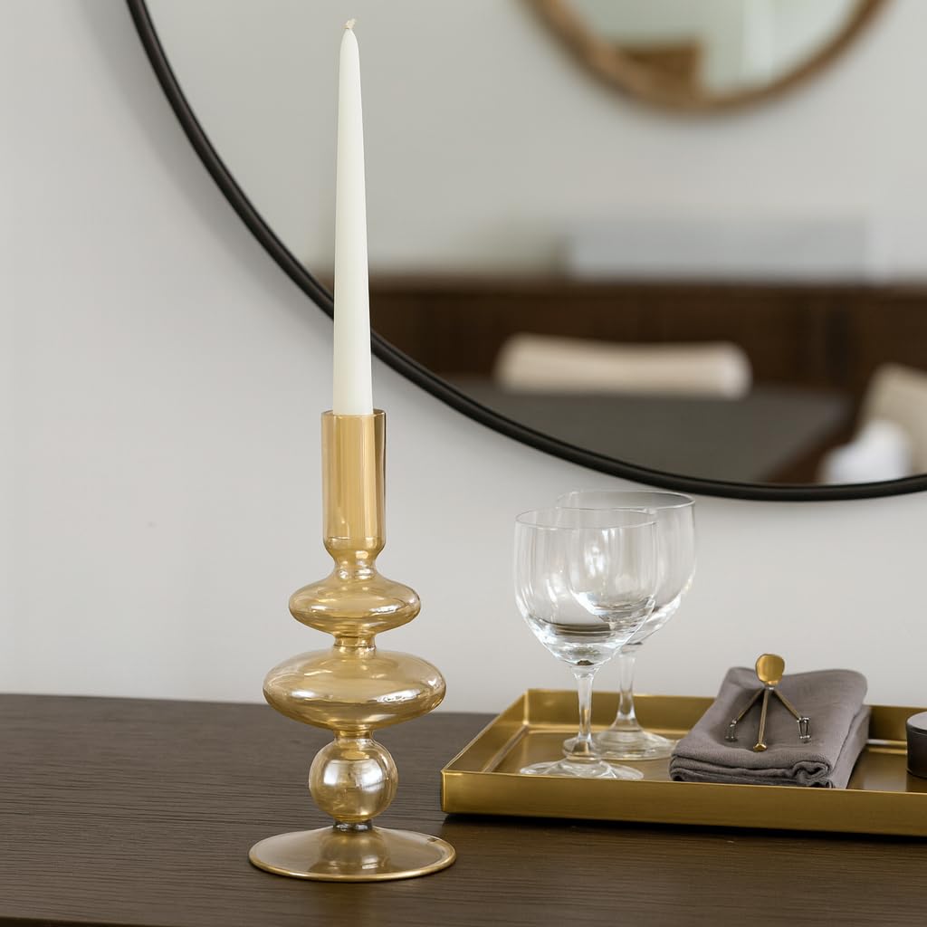Decorative Glass Candle Holder for Taper Candles - Modern Candlestick Holder with Disc and Sphere Design for Table Decor - Pair with Gold Centerpieces for Tables and Living Room Display - 7" Gold