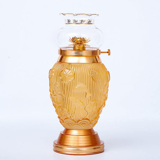 Decorative Lighting Oil Lamp Lotus for Buddha Lamp Colored Glass Eight Treasures Auspicious Lamps for Buddha Pure Copper Lamp Household Windproof Oil Lamp
