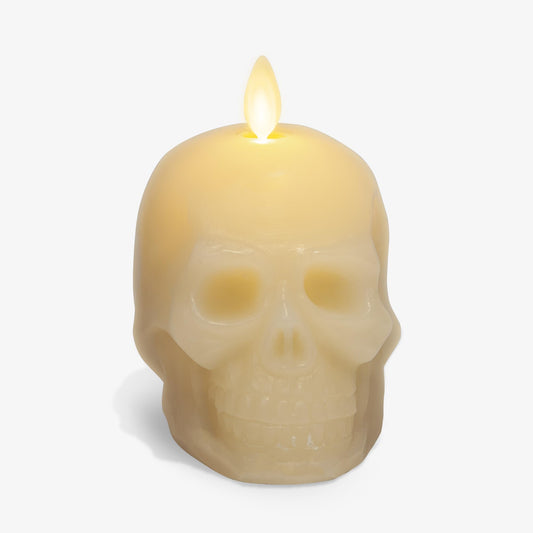 Luminara Flameless Halloween Decor - Skeleton Figural LED Candle Natural Color, Ivory, 3.74" x 4.25" Real Wax Moving Flame Battery Operated w/Timer