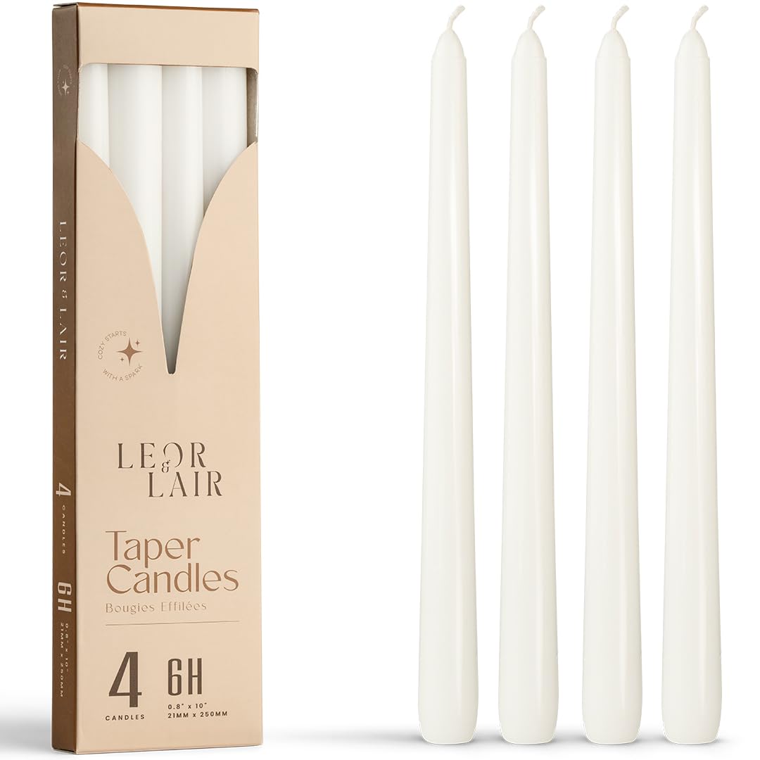 Leor & Lair White Taper Candles - 4 Pack 10" White Candlesticks - Unscented Long Burning Candle Sticks for Home Decoration, Holidays, Weddings, Religious, Restaurants & Business Events
