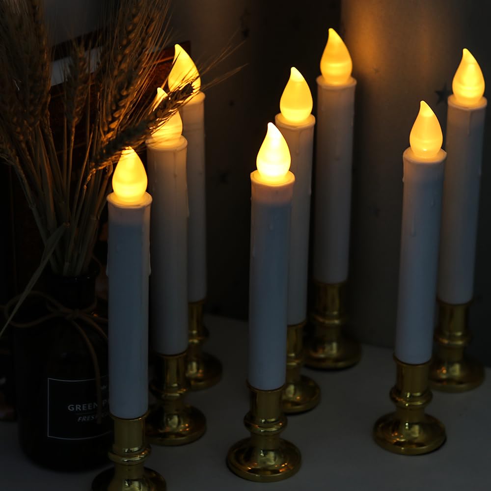 DRomance 9" Flameless Window Taper Candles Battery Operated with 8-Key Remote and Timer, 4 Pack White Christmas Holdiay Window Candles with Gold Holders, Suction Cups and AA Batteries Included