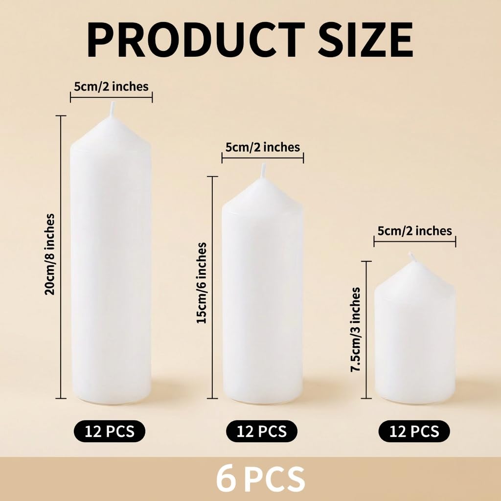 6 Pcs Individually Wrapped Pillar Candles Bulk, 2x3 2x6 2x8 Inch, Unscented Dripless Smokeless, Hurricane Candles for Wedding Party, Spa, Home Decor (6 White Pointed-tip, 2 x 3/6/8 Inch)
