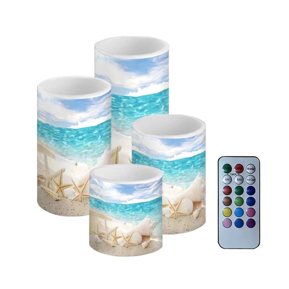 NETILGEN Beach Starfish Seashell Flameless Light Candles Battery Powered with Timer Remote Color Chaging Pillar Candle with Warm Yellow Color Changing Light Pack of 4