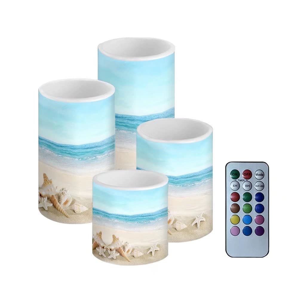 NETILGEN Flickering Flameless LED Pillar Candles with 18-Key Remote Battery Operated Color Changing Tea Lights Fake Candles, Set of 4, Beach Starfish Blue
