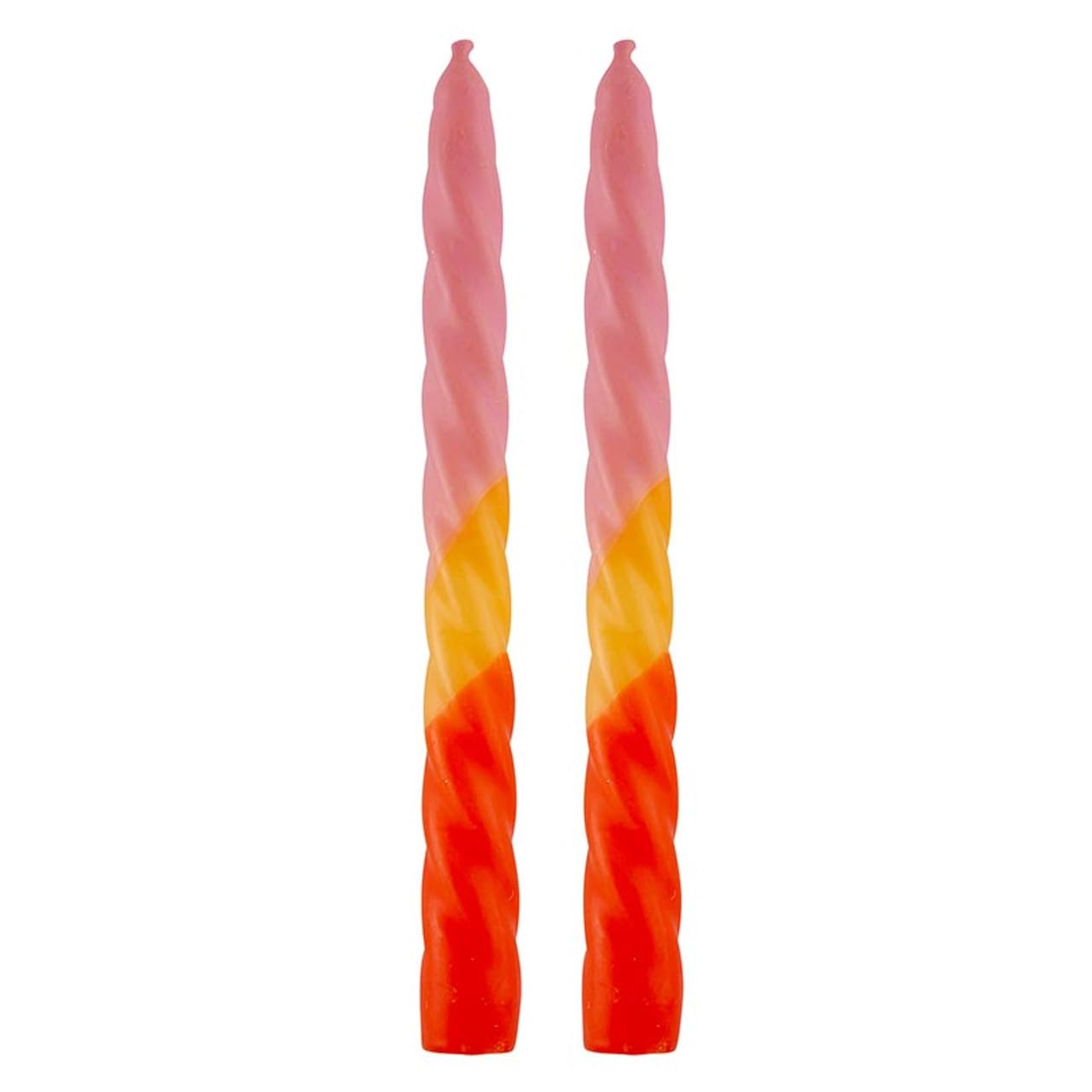 Slant Collections Tri-Colored Unscented Spiral Taper Candles 2-Count Dinner Candles, 9-Inch, Pink/Yellow/Orange