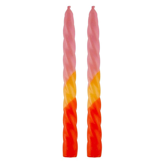 Slant Collections Tri-Colored Unscented Spiral Taper Candles 2-Count Dinner Candles, 9-Inch, Pink/Yellow/Orange