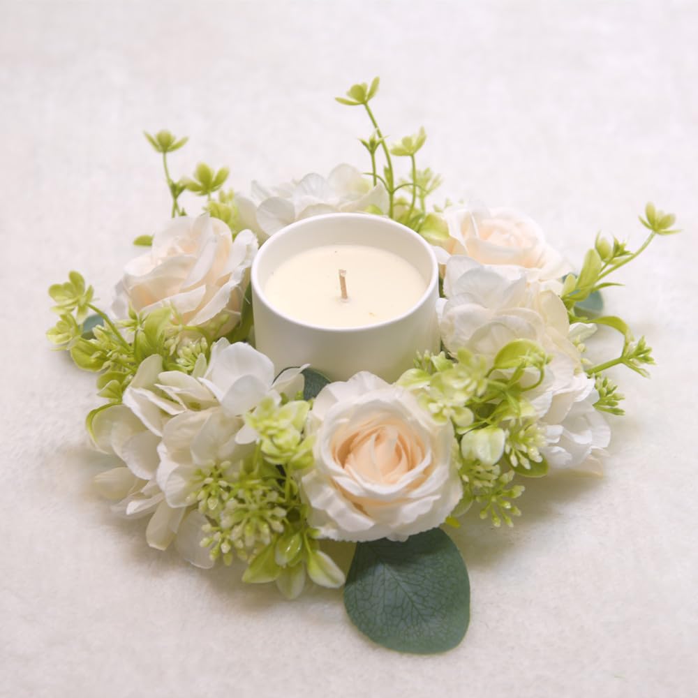 4 Pcs Candle Rings Wreaths,Artificial Hydrangea Wreath Candles Wreaths for Pillars Christmas Wedding Home Table Party Decoration (White)