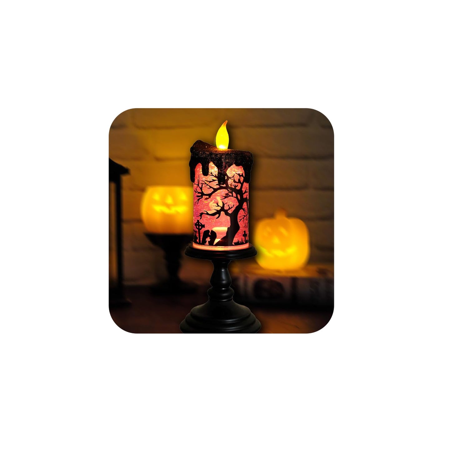 Halloween Snow Globe Candle Lamp – Battery Operated Flameless Candle with Spinning Water & Glitter, Lighted Tornado Effect Table Centerpiece for Indoor Halloween Decorations （Pink