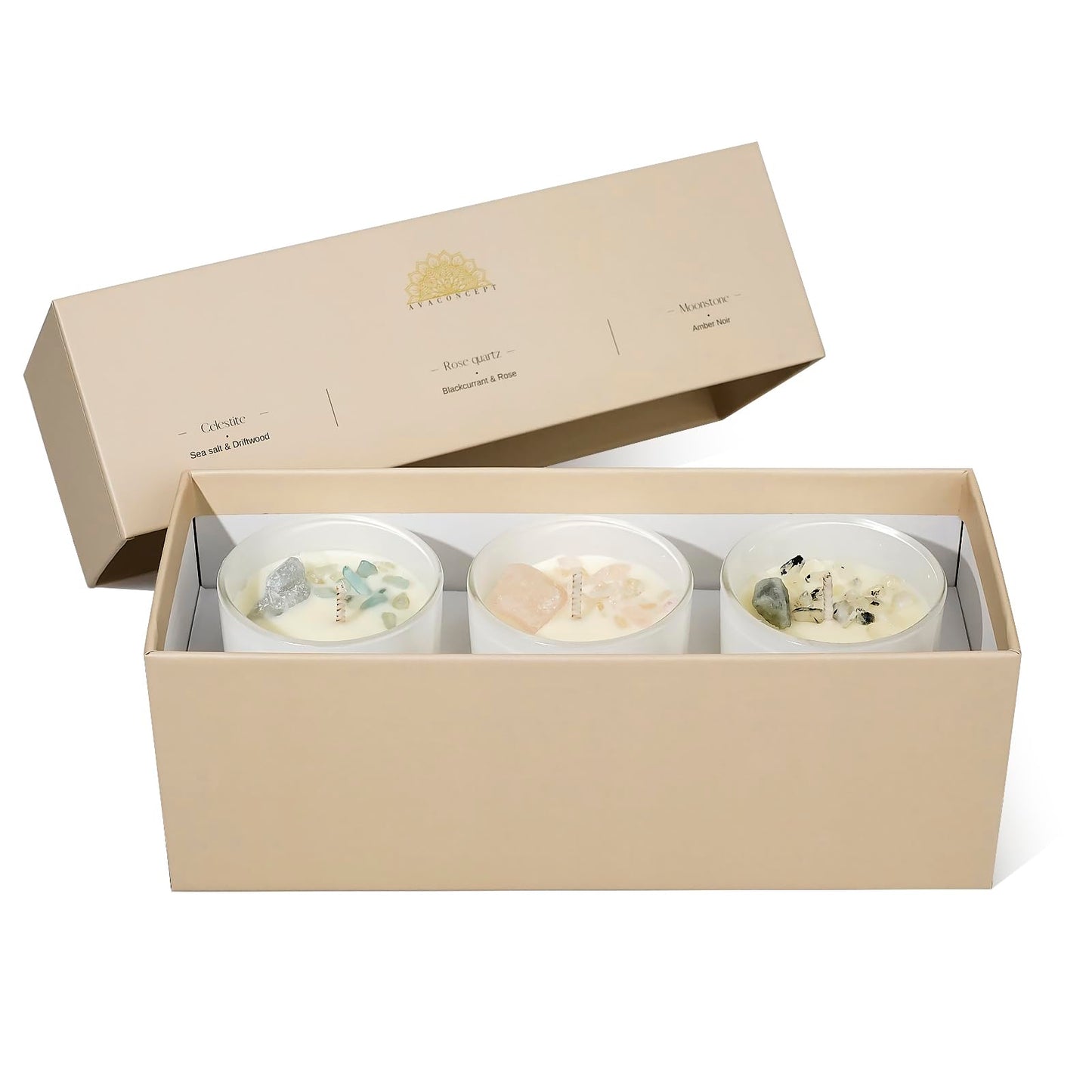 AvaConcept Healing Crystal Candle Gift Set – Set of 3 Celestite, Rose Quartz & Moonstone Hand-Poured Soy Wax Sea Salt Driftwood, Blackcurrant Rose & Amber Noir Aromatherapy Scents Premium Gift Box