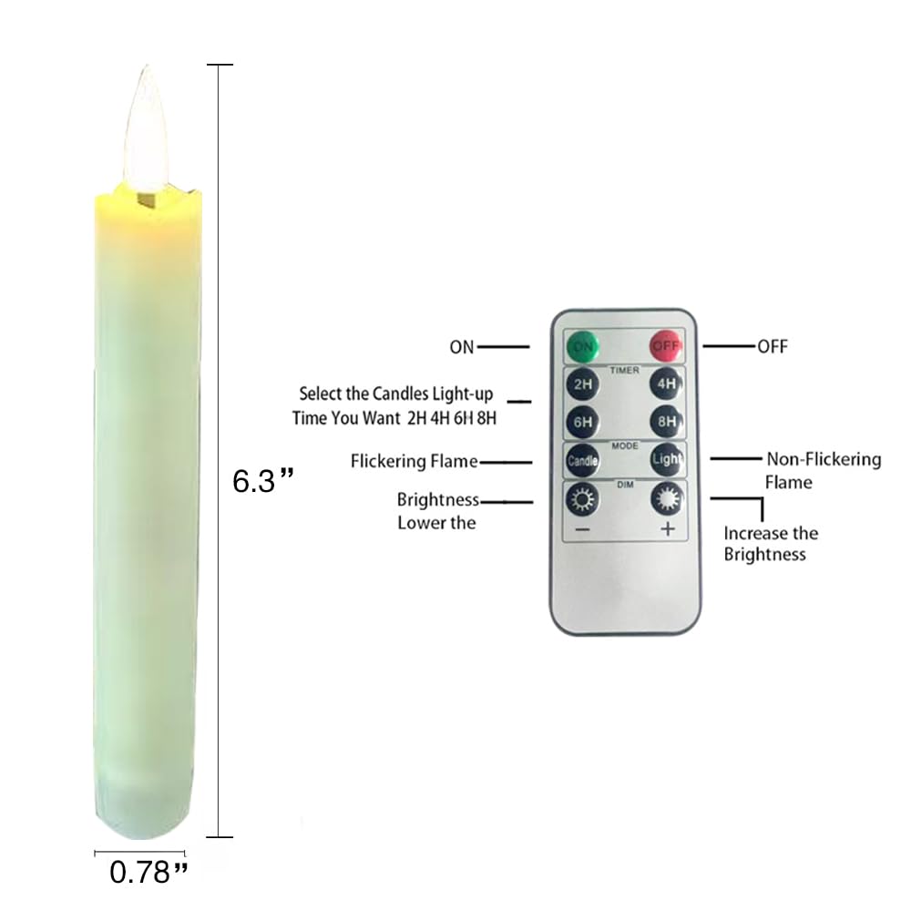 6Pcs Plastic Flameless Taper Candles Flickering with 10-Key Remote, Battery Operated Led Warm 3D Wick Light Window Candles with Flickering Flame for Halloween Christmas Church Wedding