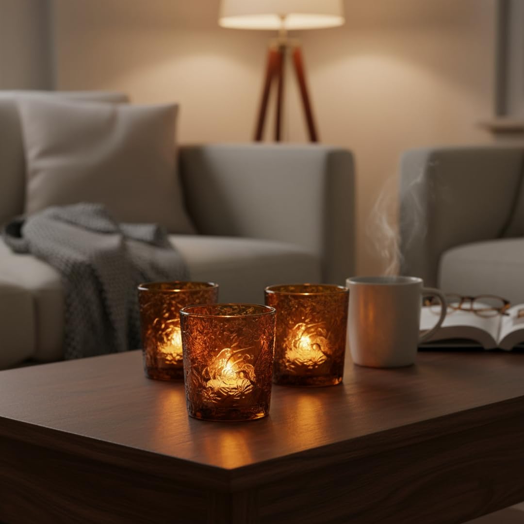 12 Pack Hummingbird Embossed Glass Candle Holders – Votive Tealight Holders with Patent Design, Decorative Embossed Glass Cups for Wedding Centerpieces, Parties, and Home Décor (Chestnut Brown)