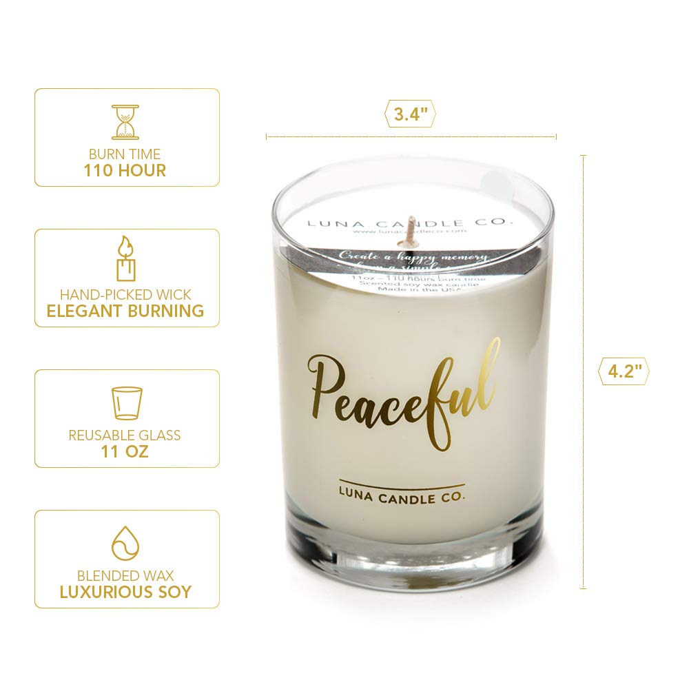 LUNA CANDLE CO. Simple Lavender Scented Jar Candle, Soy Wax, 11oz. Glass, Up to 110 Hours of Burn Time, Tranquility, Perfect for Yoga and Spa, Relax and Unwind, Made in The USA- Peaceful