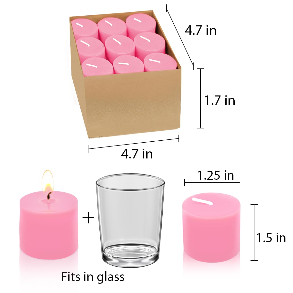 9 Packs Pink Votive Candles, Small Unscented 1.5 Inch Diameter Wax Candles for Christmas Valentine's Day Wedding, Party, Table Holiday & Home Decoration - 8 Hours Burn Time (1.5" W x 1.25" H)
